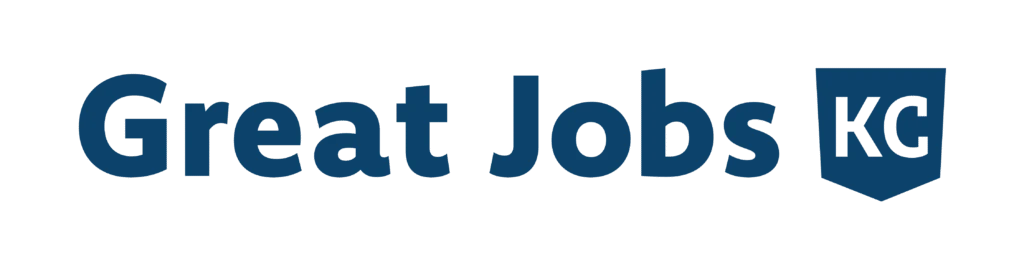 Great Jobs KC logo with bold blue text and a blue shield emblem on the right
